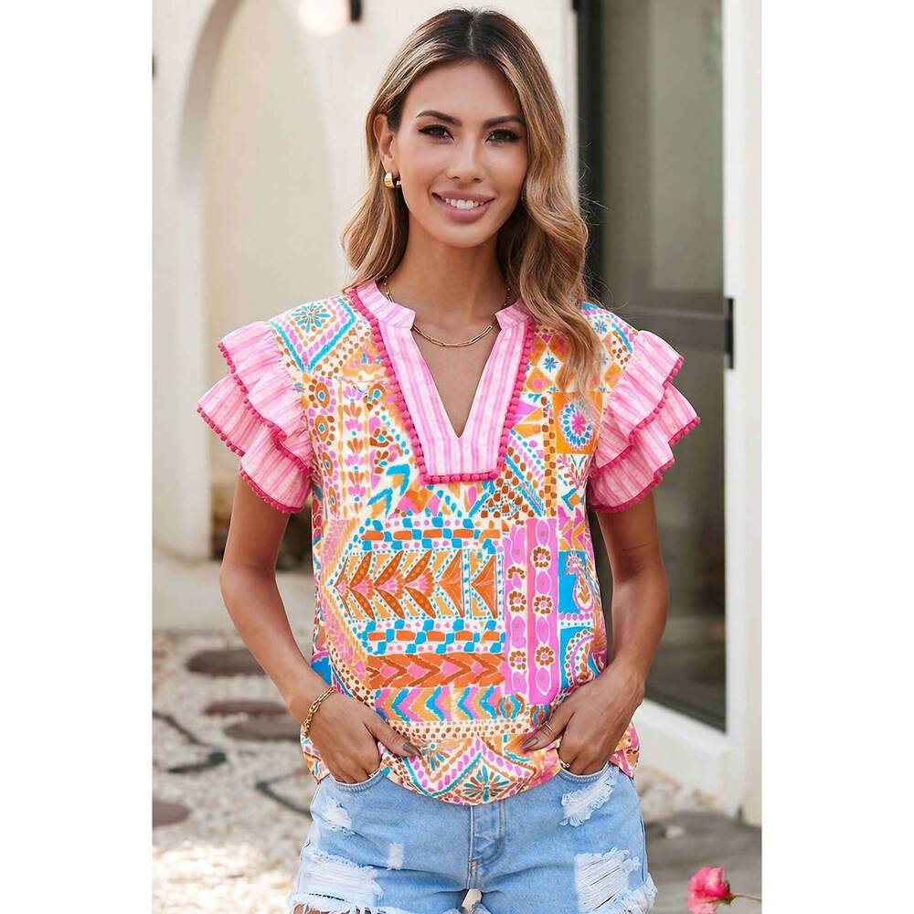 NEW LITTLE DAISY CLOSET boho contrast striped patchwork tiered blouse in rose